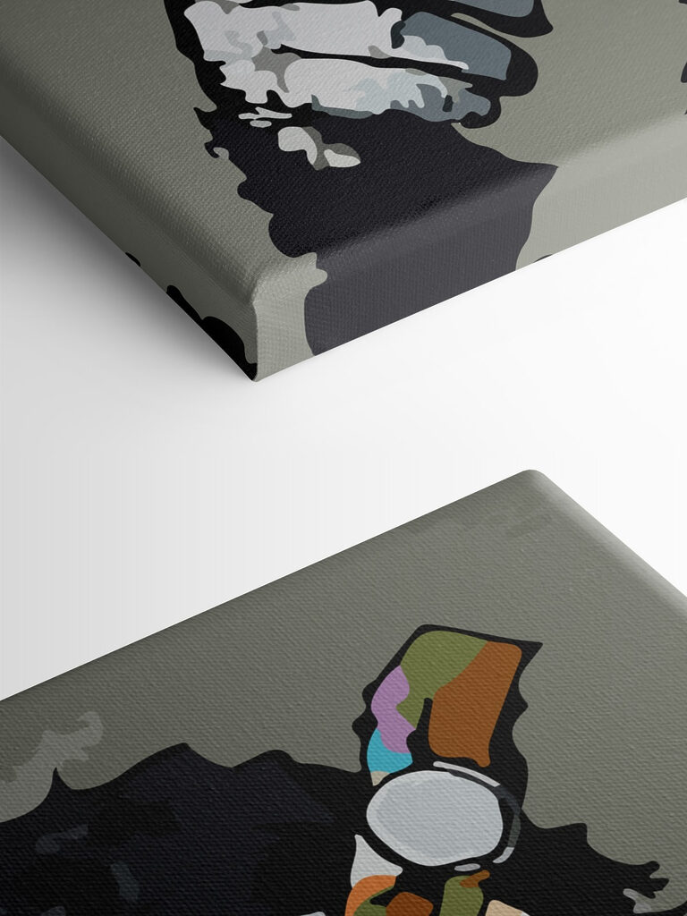 A cartoon of a monkey holding a headphone