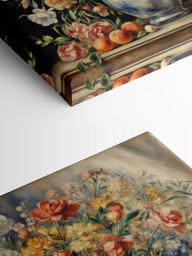 A painting of flowers in a vase and fruit