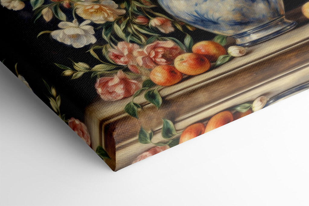 A painting of flowers in a vase and fruit