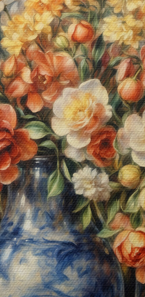 A painting of flowers in a vase and fruit