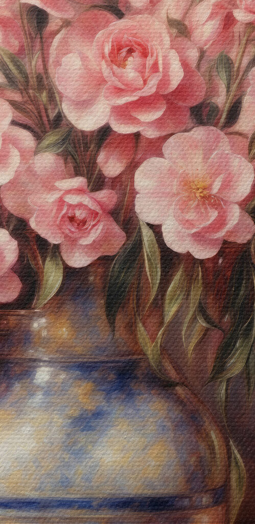 A painting of pink flowers in a vase