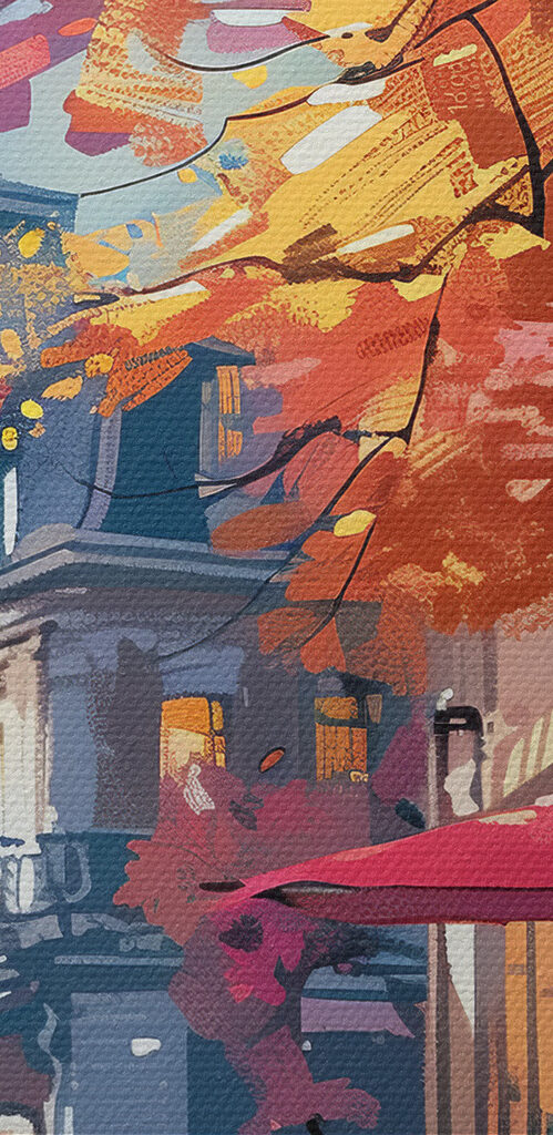 A street with tables and chairs and umbrellas