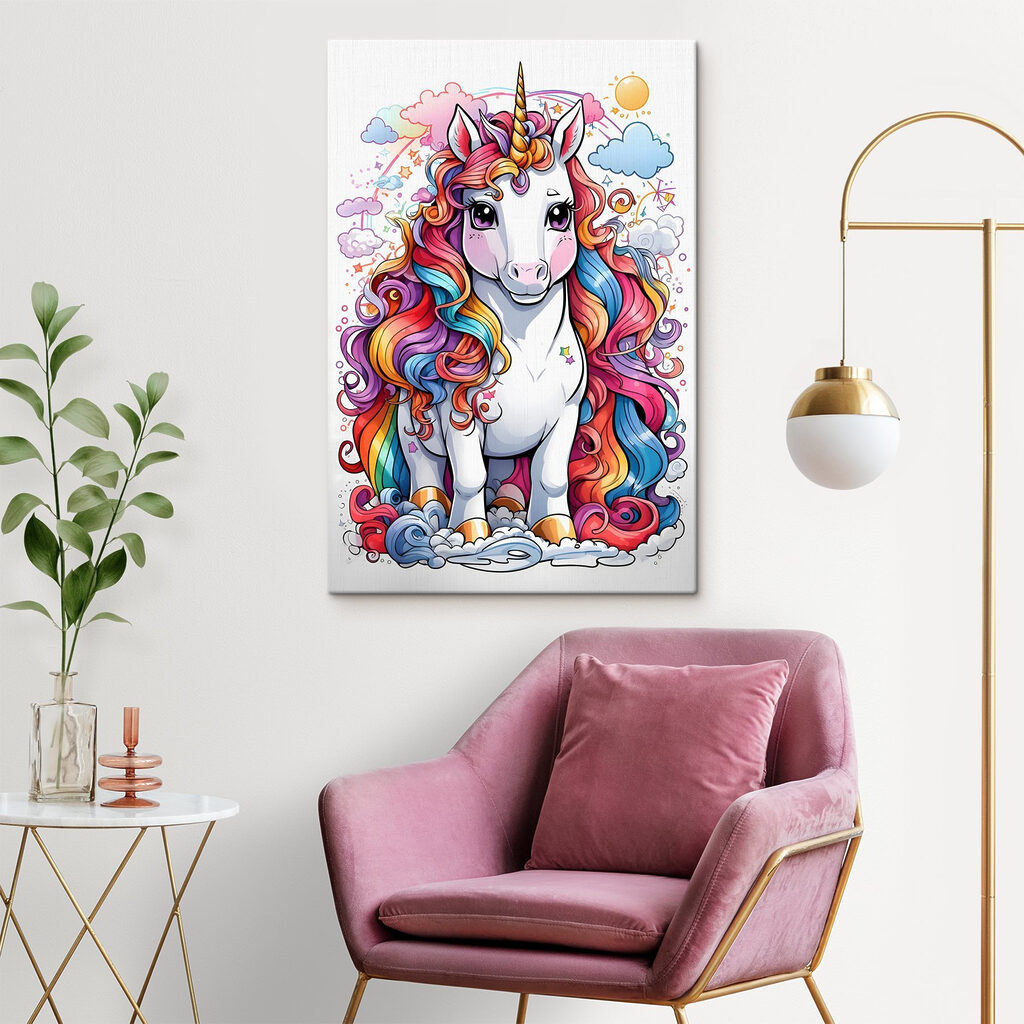 A cartoon unicorn with rainbow hair