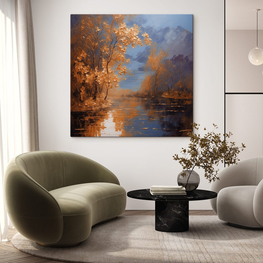 A painting of trees and water