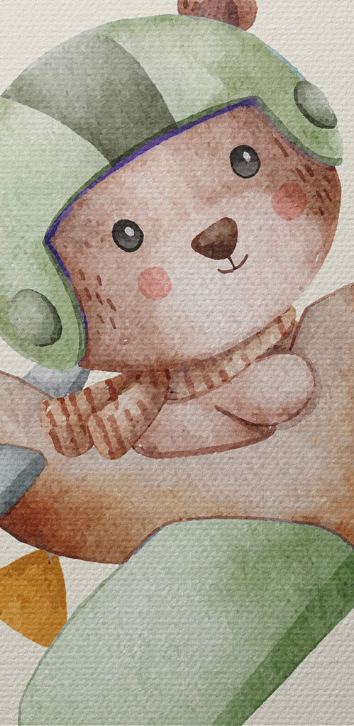 A watercolor painting of a teddy bear in a plane A watercolor painting of a teddy bear in a plane