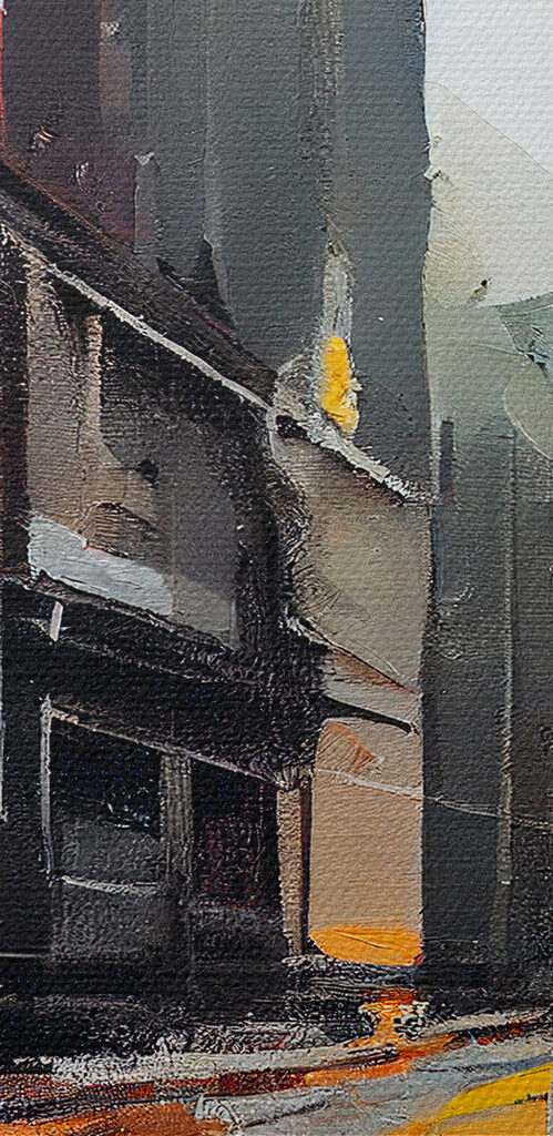 A painting of a street with buildings