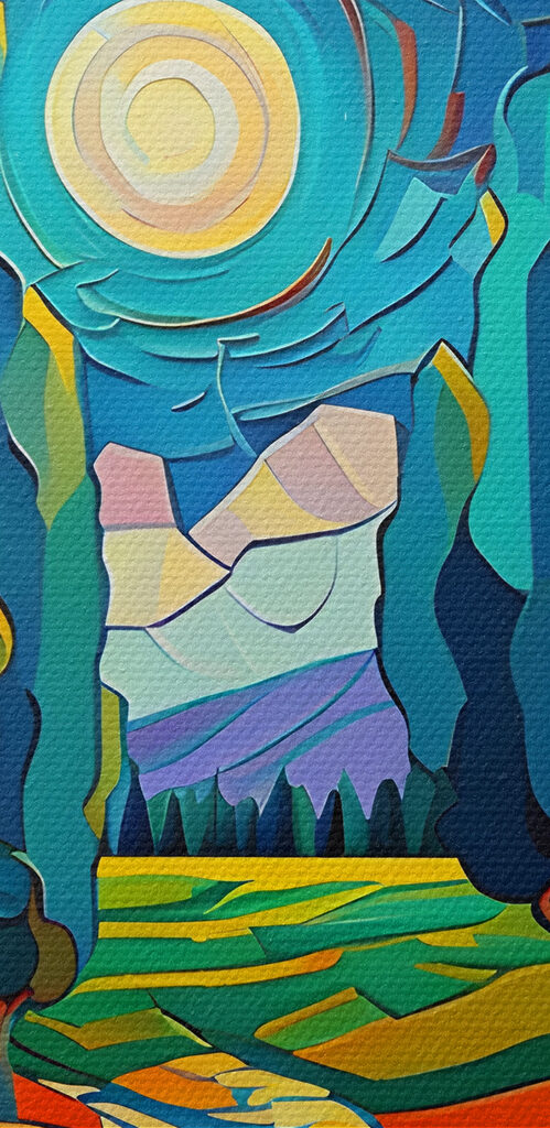 A colorful landscape with trees and a path