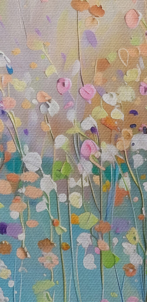 A painting of flowers on a blue background