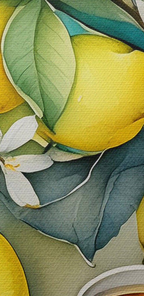 A painting of lemons and a cup of tea A painting of lemons and a cup of tea