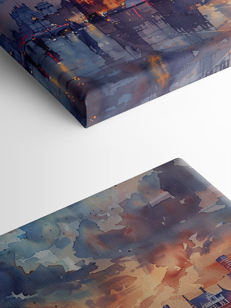 A watercolor painting of a city with a clock tower and a river