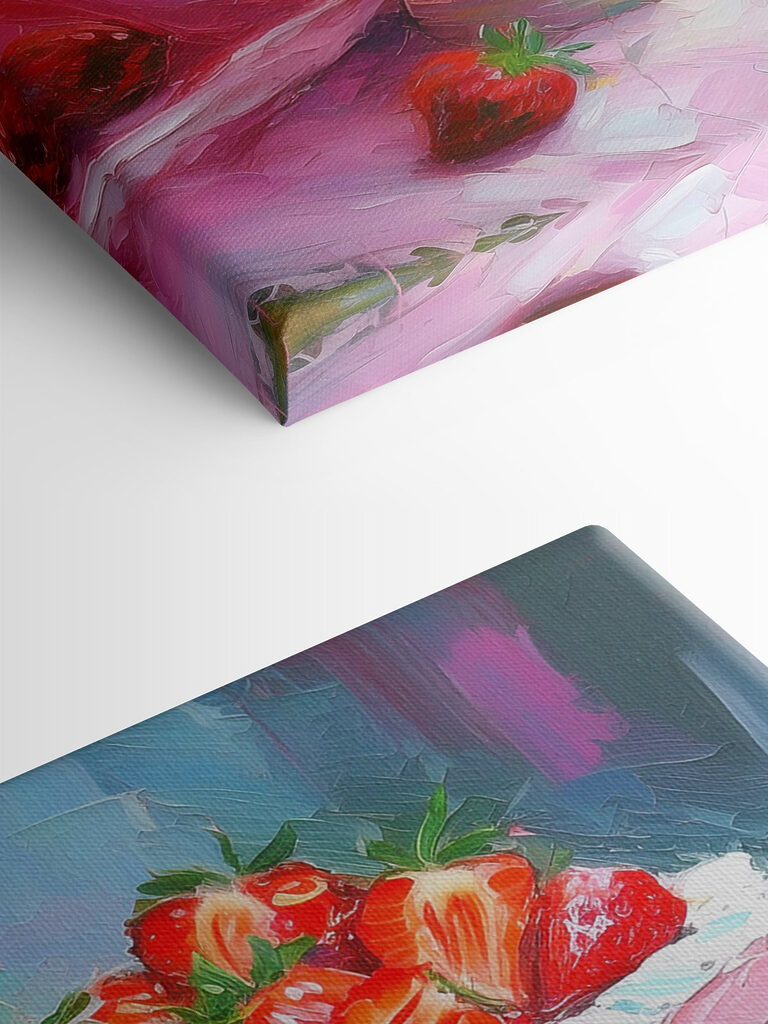 A painting of a cake with strawberries on top