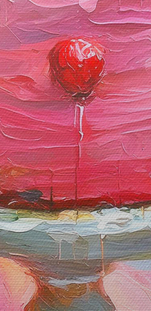 A painting of a cake with strawberries on top