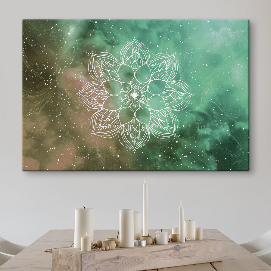A white mandala on a green and blue background A white mandala on a green and blue background