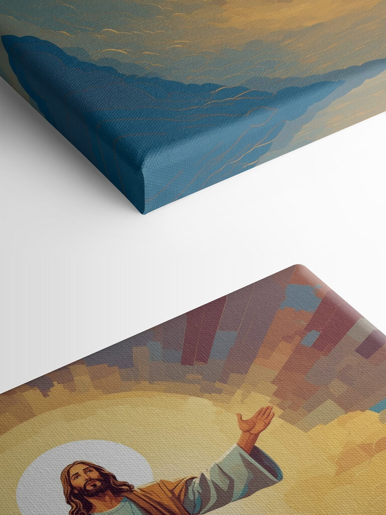 A painting of a man in a robe with his arms out in the air