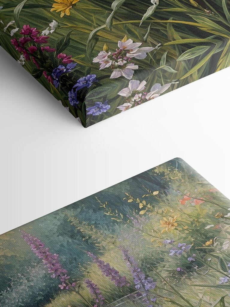 A painting of flowers by a river