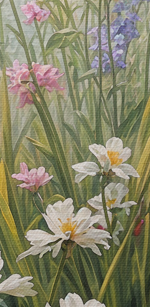 A painting of flowers by a river