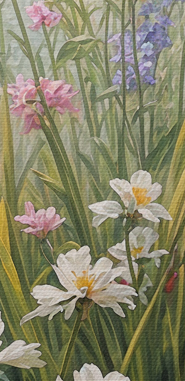 A painting of flowers by a river