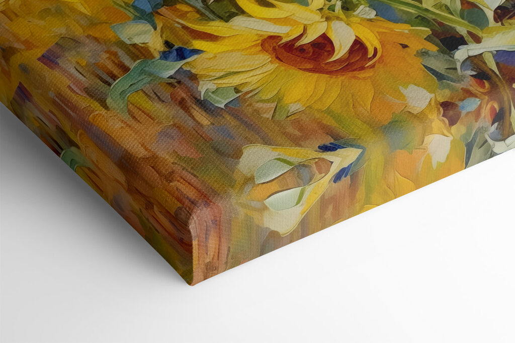 A painting of sunflowers in a field