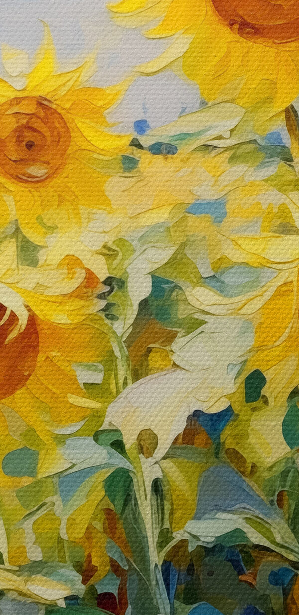 A painting of sunflowers in a field