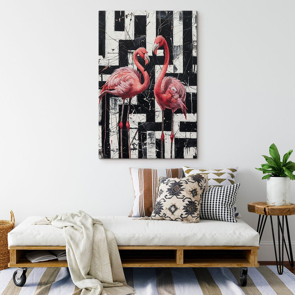 A painting of flamingos on a black and white background