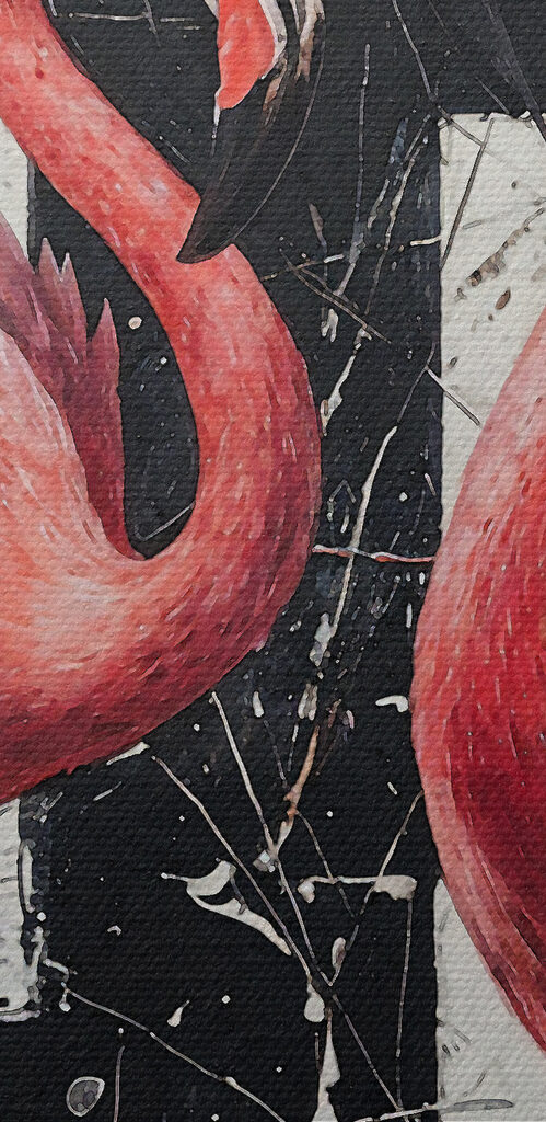 A painting of flamingos on a black and white background