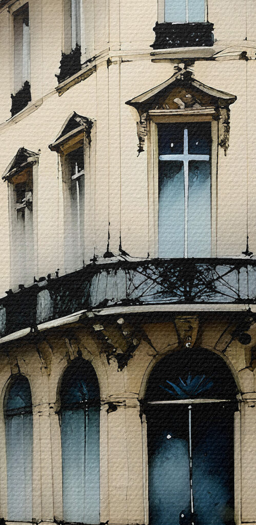 A painting of a building with a blue roof