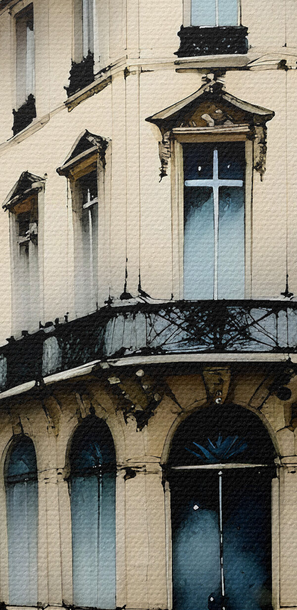 A painting of a building with a blue roof