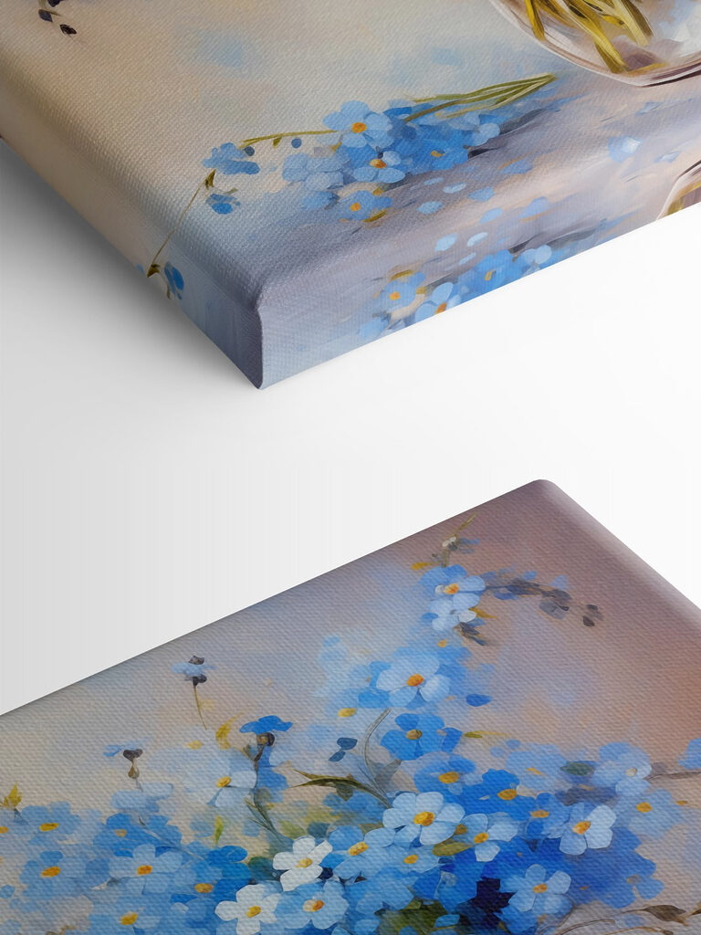 A painting of blue flowers in a vase A painting of blue flowers in a vase