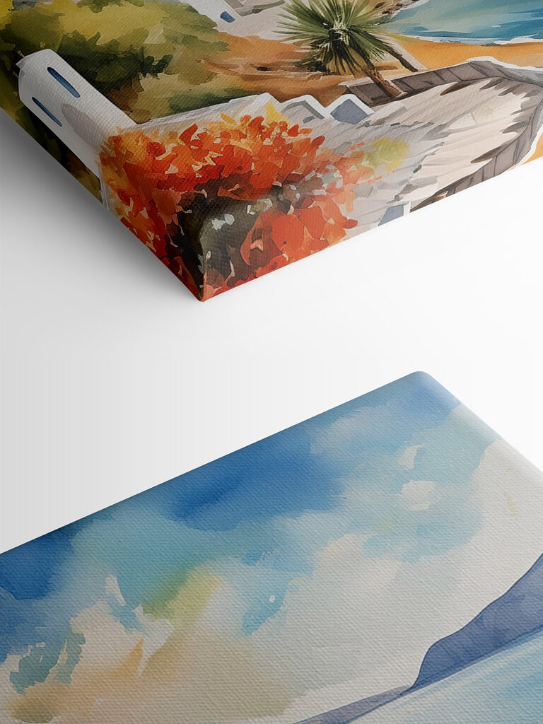 A watercolor painting of a town on a cliff