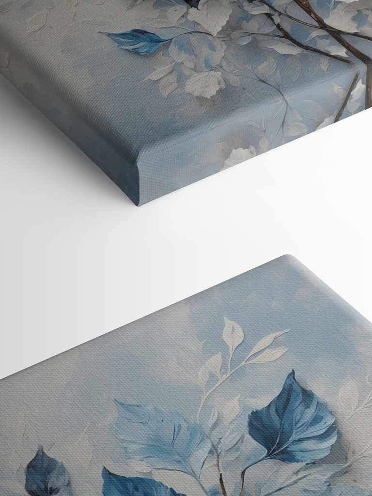 A painting of blue leaves