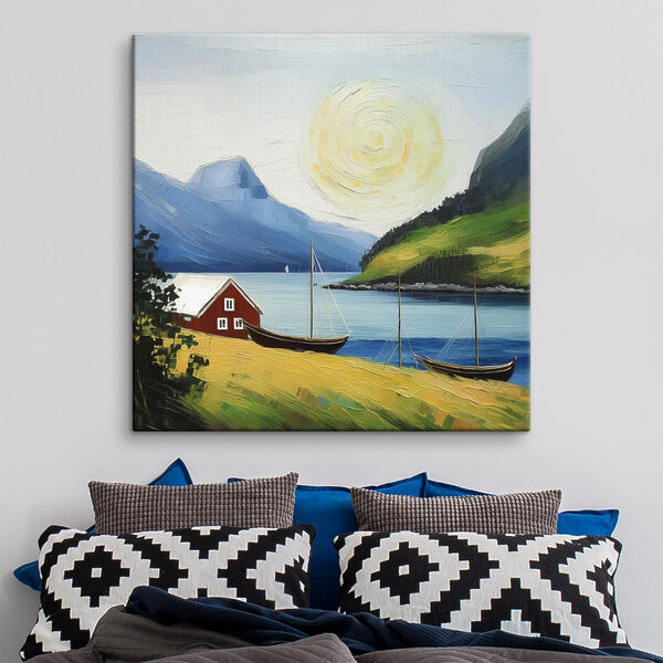 A painting of a house and boats on a lake A painting of a house and boats on a lake