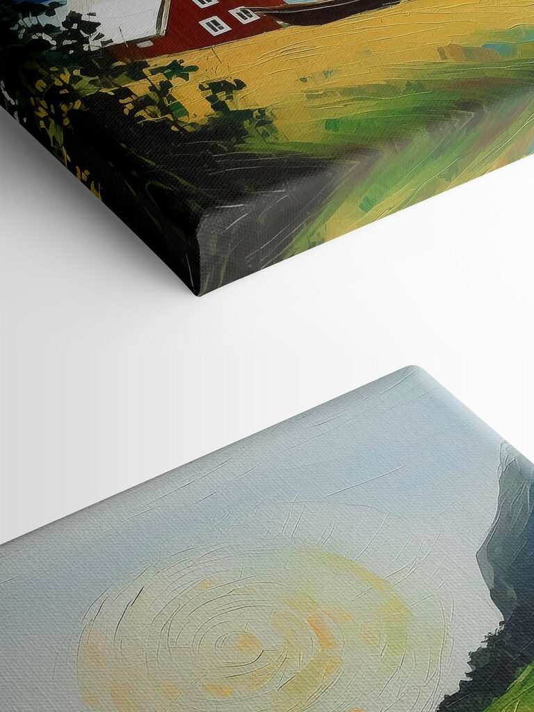 A painting of a house and boats on a lake A painting of a house and boats on a lake