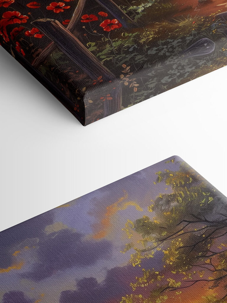 A painting of a path leading to a body of water with flowers A painting of a path leading to a body of water with flowers