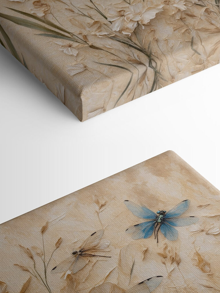 Dragonflies and flowers on a wall