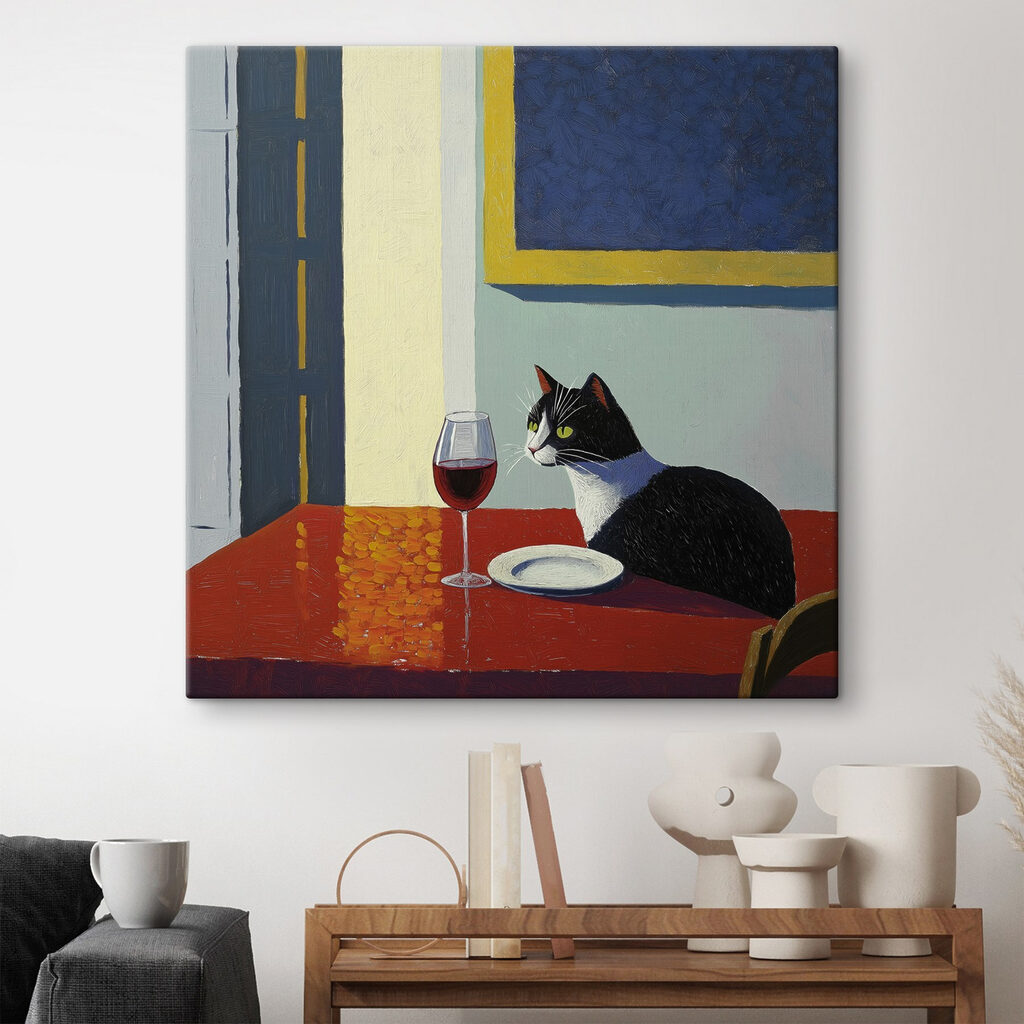 Cat sitting at a table with a plate and a plate