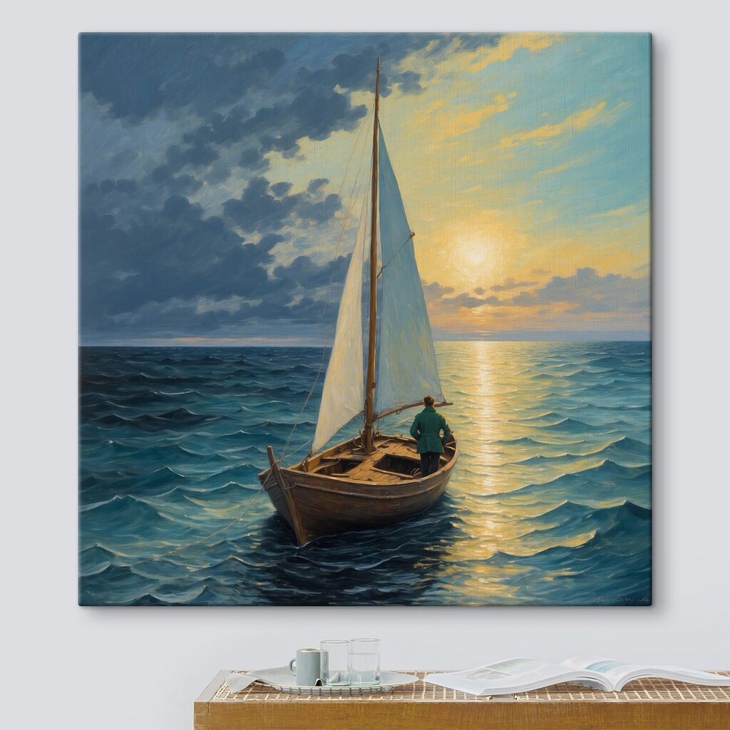 Painting of a man in a boat in the ocean