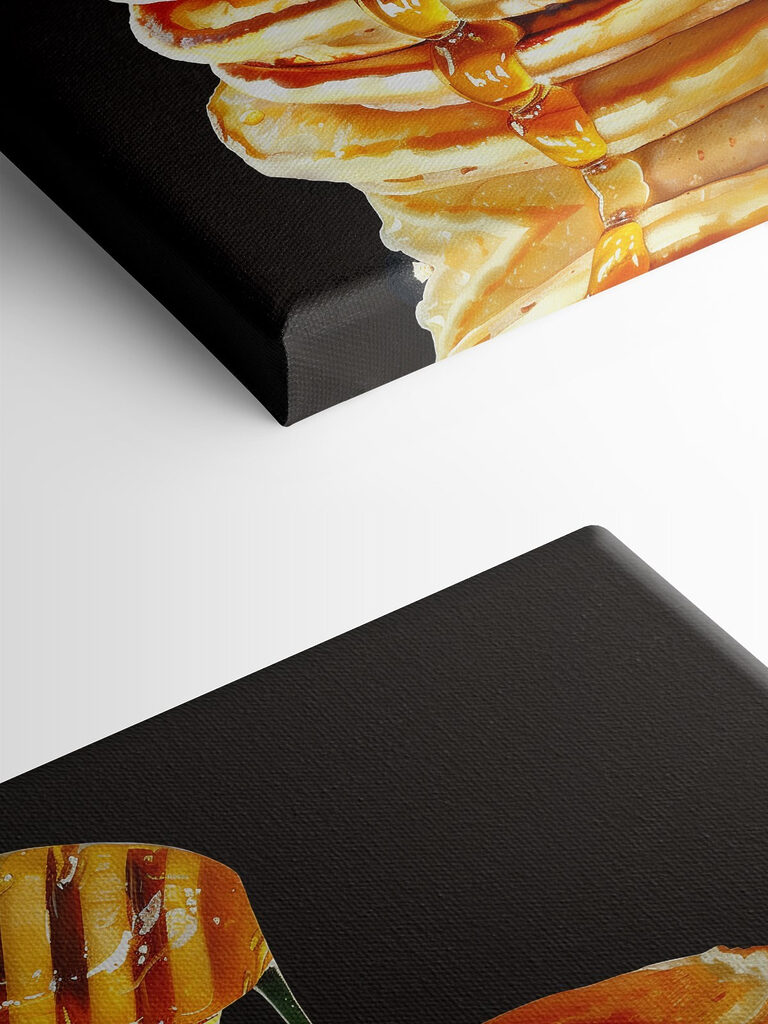 Stack of pancakes with honey dripping from a wooden stick