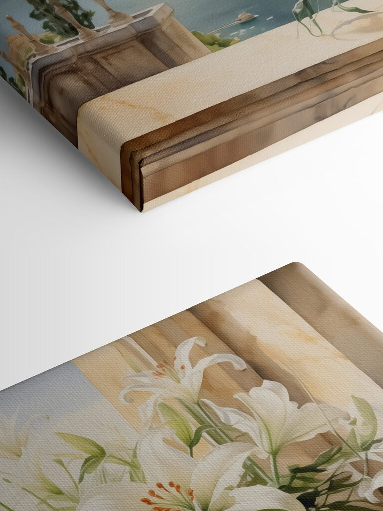 Painting of a white flower pot with white flowers Painting of a white flower pot with white flowers