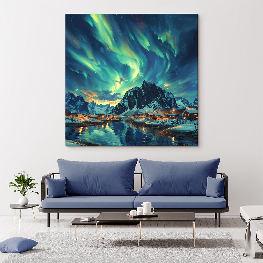 Landscape with a lake and houses in the snow Landscape with a lake and houses in the snow