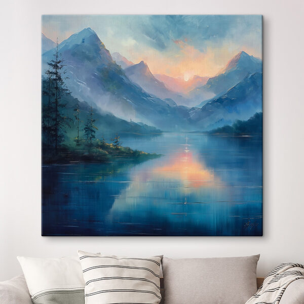Painting of a lake with mountains and trees Painting of a lake with mountains and trees