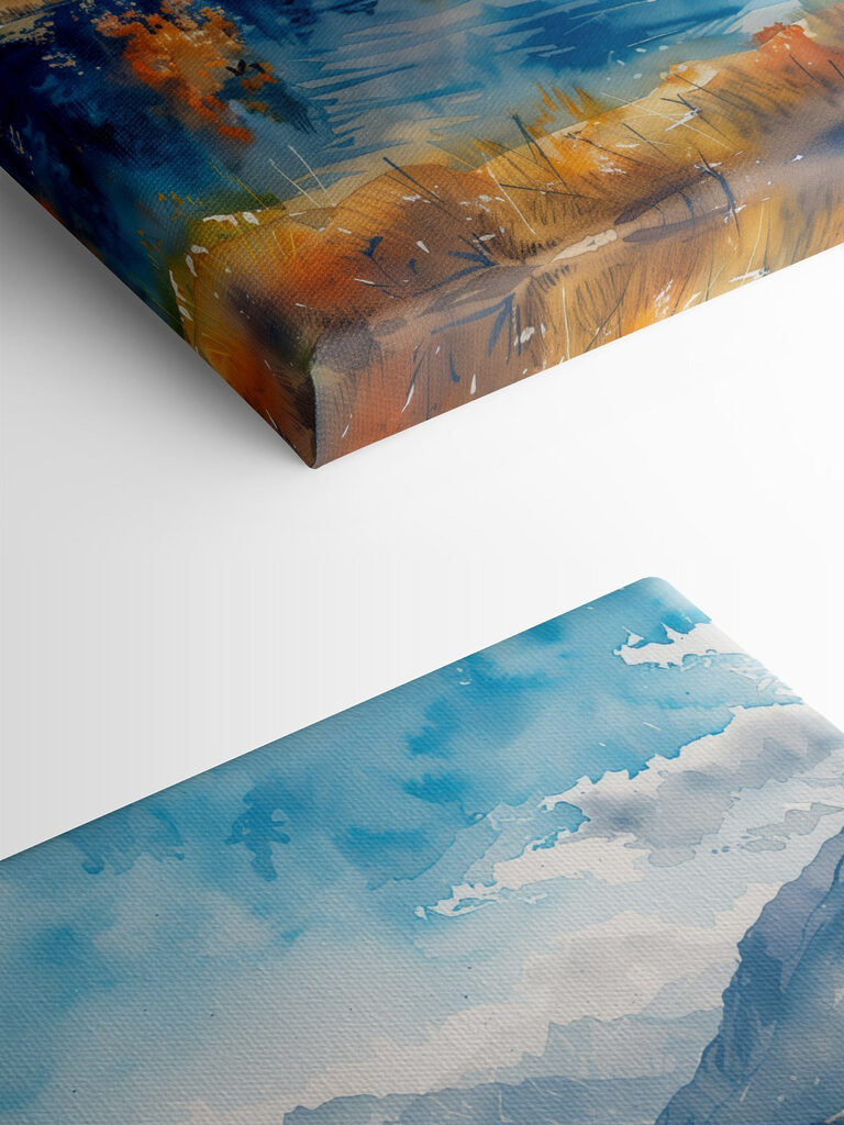 Watercolor painting of a lake surrounded by mountains and clouds Watercolor painting of a lake surrounded by mountains and clouds