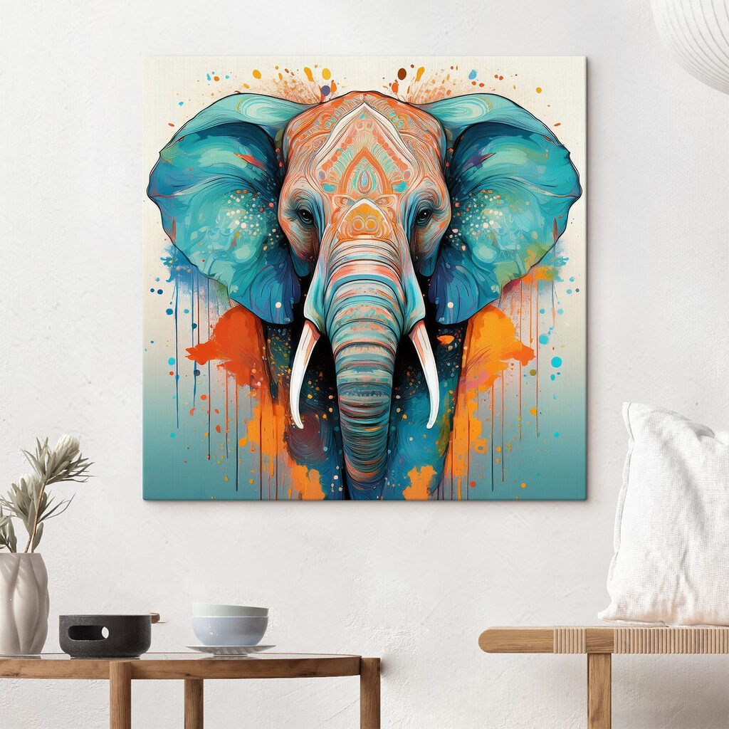An elephant with colorful paint splatters