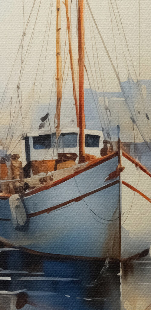 Watercolor of a boat in a harbor