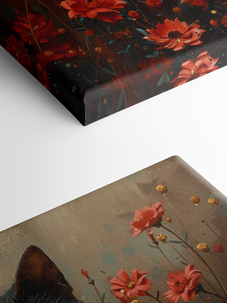 Black cat in a field of red flowers