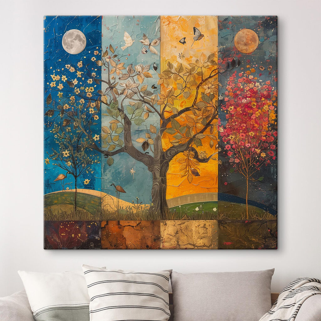 Painting of a tree with different colors of trees and birds Painting of a tree with different colors of trees and birds