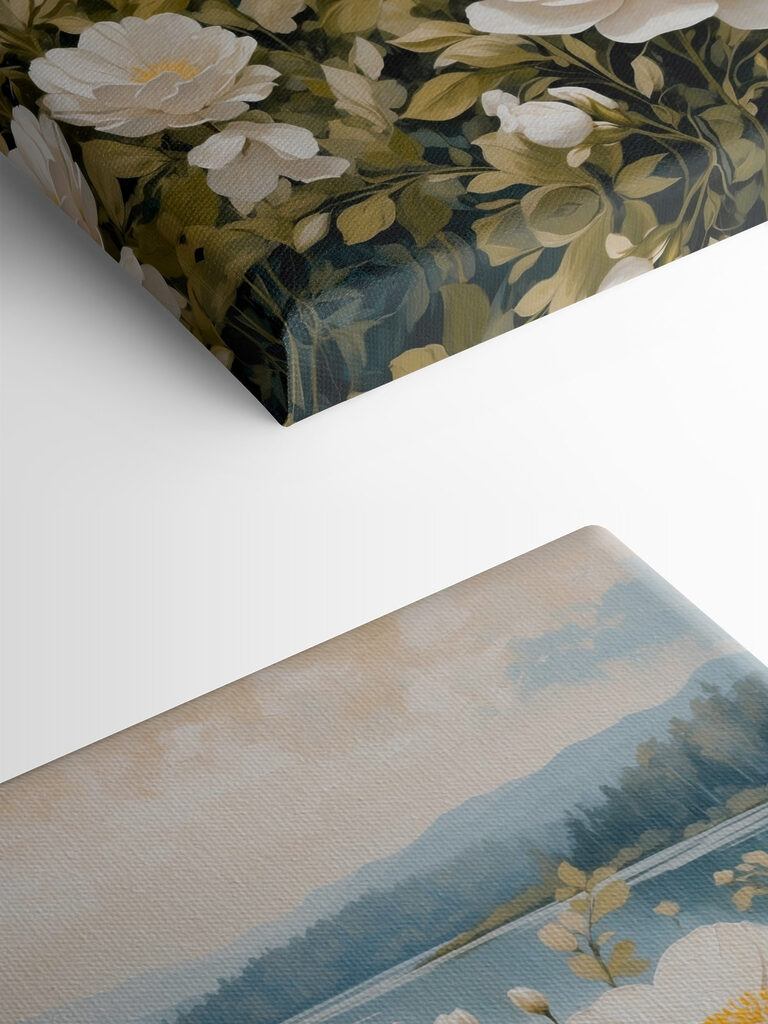 Painting of flowers by a lake Painting of flowers by a lake