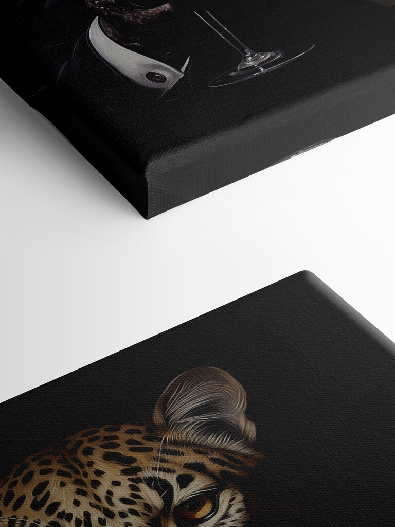 Leopard wearing a suit and bow tie holding a wine glass