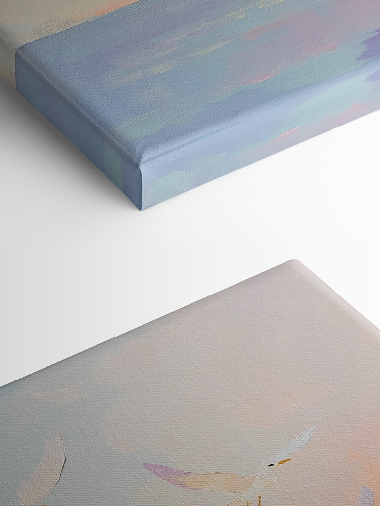 Painting of birds flying over water