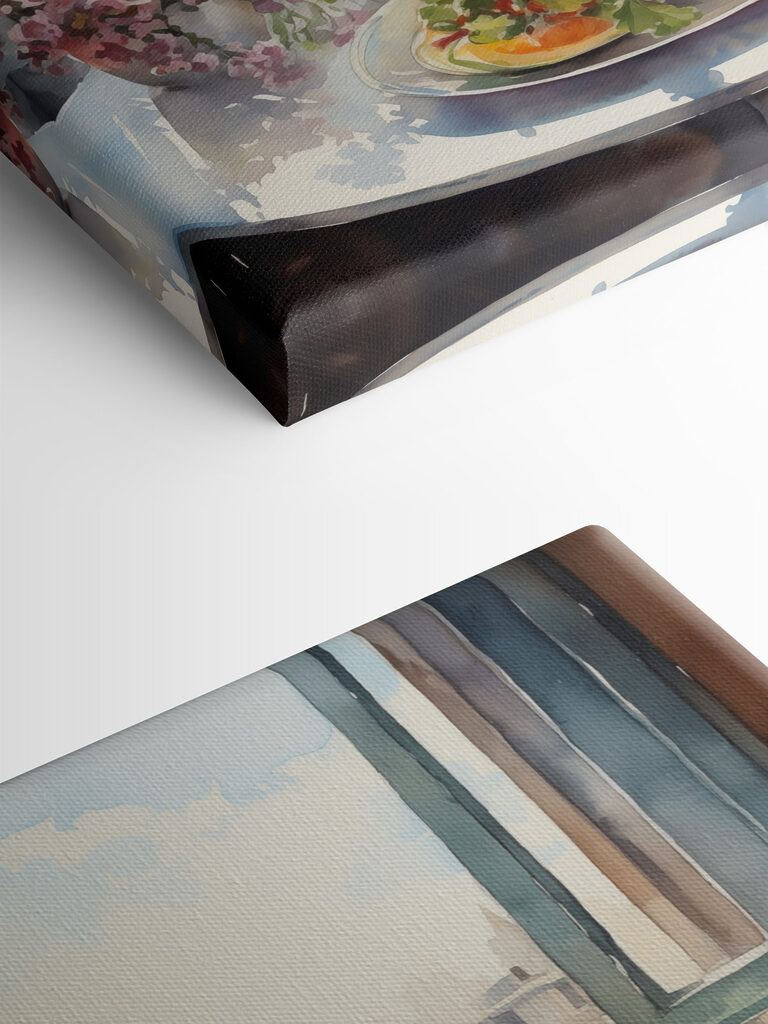 Watercolor painting of flowers and fruits on a table in front of a window Watercolor painting of flowers and fruits on a table in front of a window