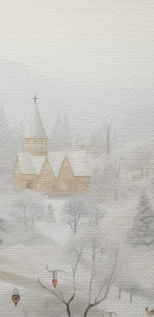 Snowy landscape with houses and trees Snowy landscape with houses and trees